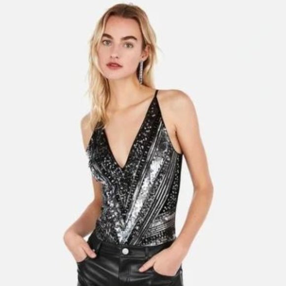 Express Black and Silver Sequin Bodysuit - Picture 2 of 11